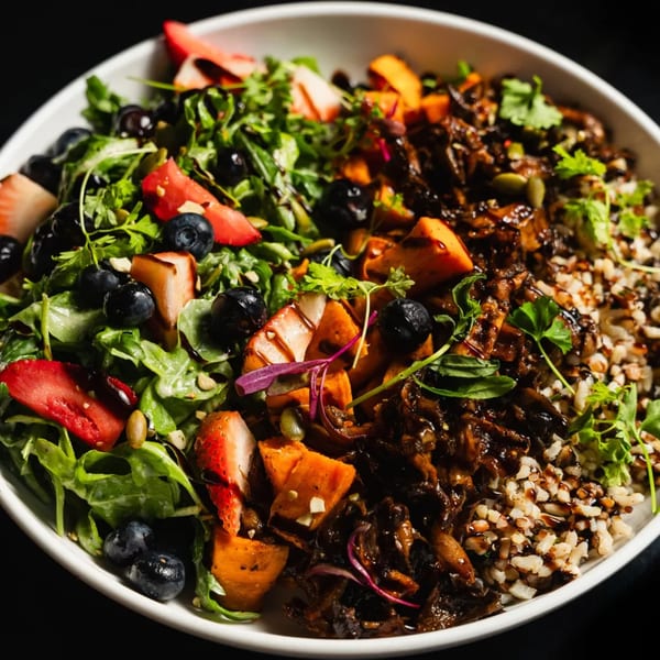 A vibrant vegan bowl with greens, strawberries, blueberries, sweet potatoes, mushrooms, and wild rice.