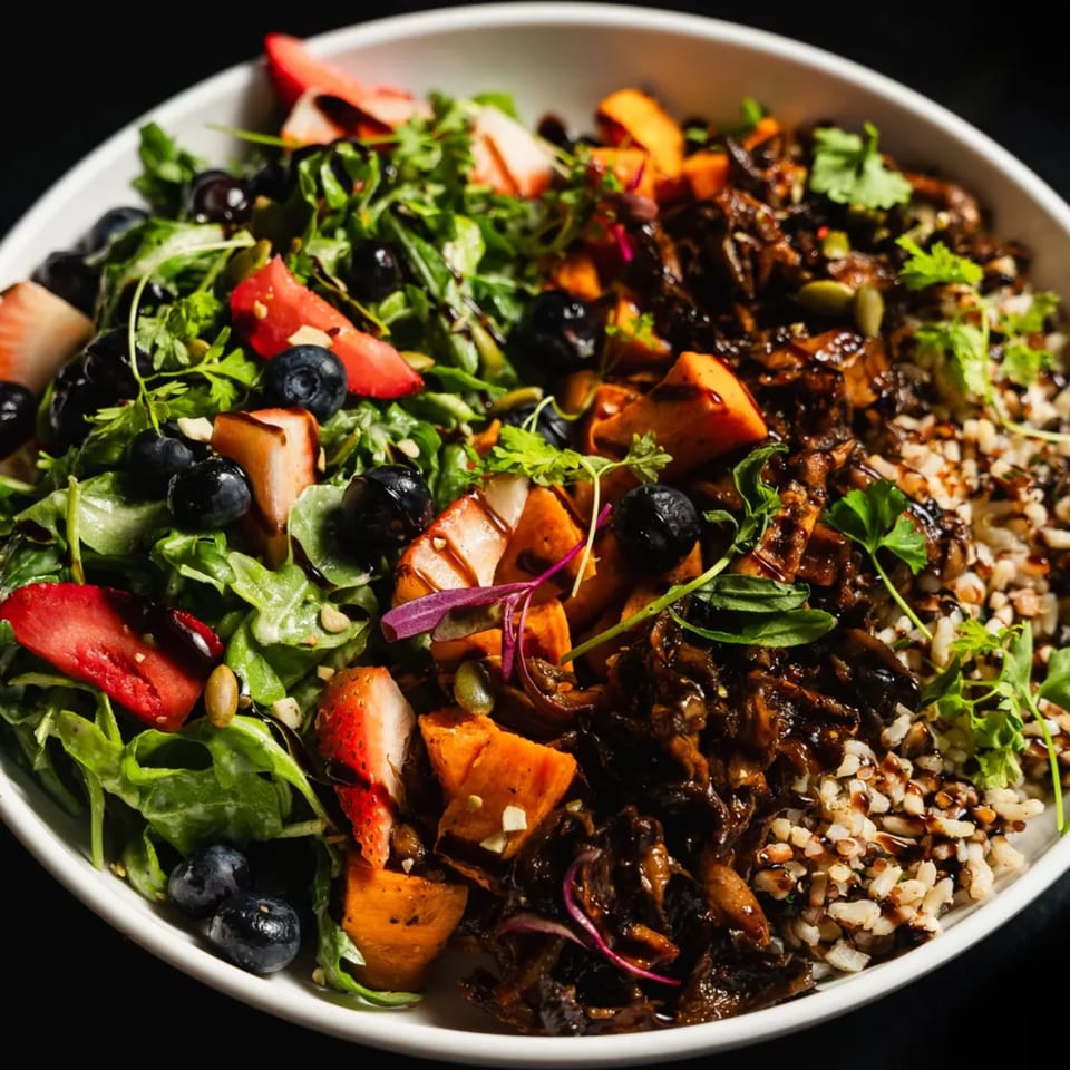 A vibrant vegan bowl with greens, strawberries, blueberries, sweet potatoes, mushrooms, and wild rice.