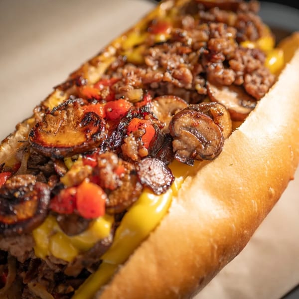 Close-up of a vegan cheesesteak sandwich with mushrooms, peppers, and melted cheese on a bun.