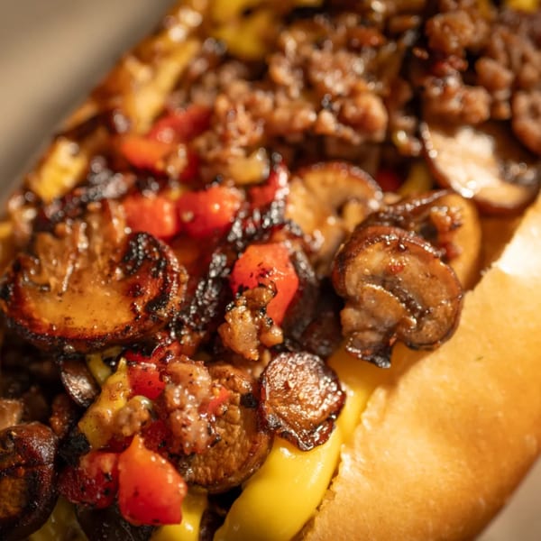 Close-up of a vegan cheesesteak with grilled mushrooms, peppers, and plant-based meat on a bun.
